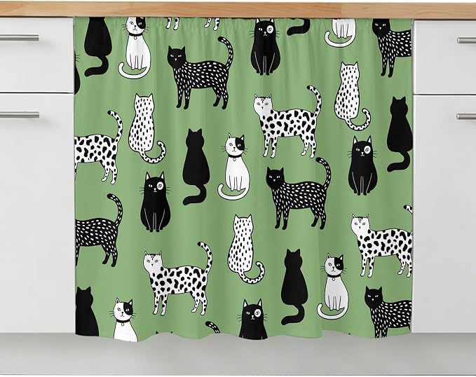 Cat Animal Sink Skirt 11"Wx13"L,Dustproof Under Sink Curtain with Self Adhesive Tape,Sage Green Earthy Tone Vintage Pet Modern Cabinet Curtain Cover for Bathroom Vanity,Kitchen Cabinet Storage Shelf