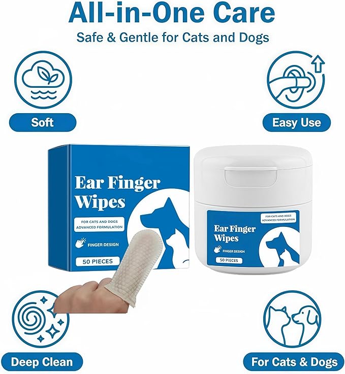 Dog Ear Cleaning Wipes, Super Convenient Finger Wipes for Dogs & Cats - Disposable Finger Cots for Ear Wax Removal & Moisturizing Pet Ear Care, 50ct