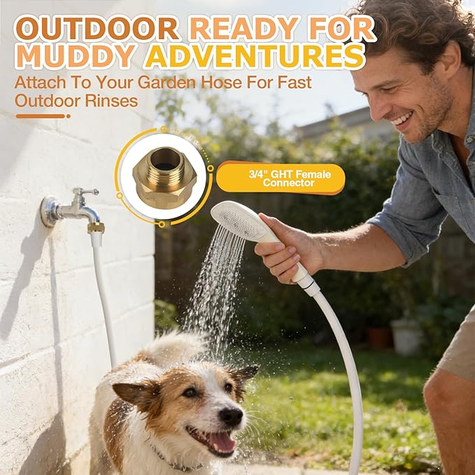 Jamini Dog Shower Attachment, Handheld High-Pressure Sprayer with Brush for Fast and Easy Indoor/Outdoor Dog Bathing, 4 Modes, 8.2ft Hose, G1/2" Brass Shower Diverter