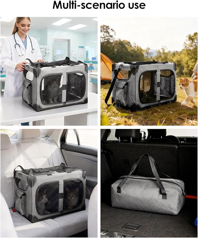 Extra Large 2-Cat Foldable Pet Travel Carrier,24"x17"x17",Gray | Removable Divider, Metal Frame Support, Breathable Mesh Panels, With Storage Tote & Padded Straps