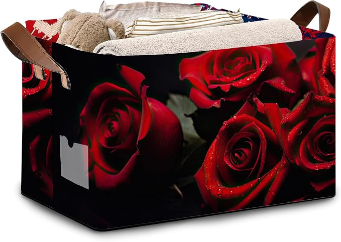 Romantic Rose Storage Basket Large 17x11.5x10.5 Inche-Collapsible Fabric Organizer Bin with Handles for Bedroom,Wedding Decor,Farmhouse-Foldable Decorative Hamper with Blossom Floral Design-1 Pack
