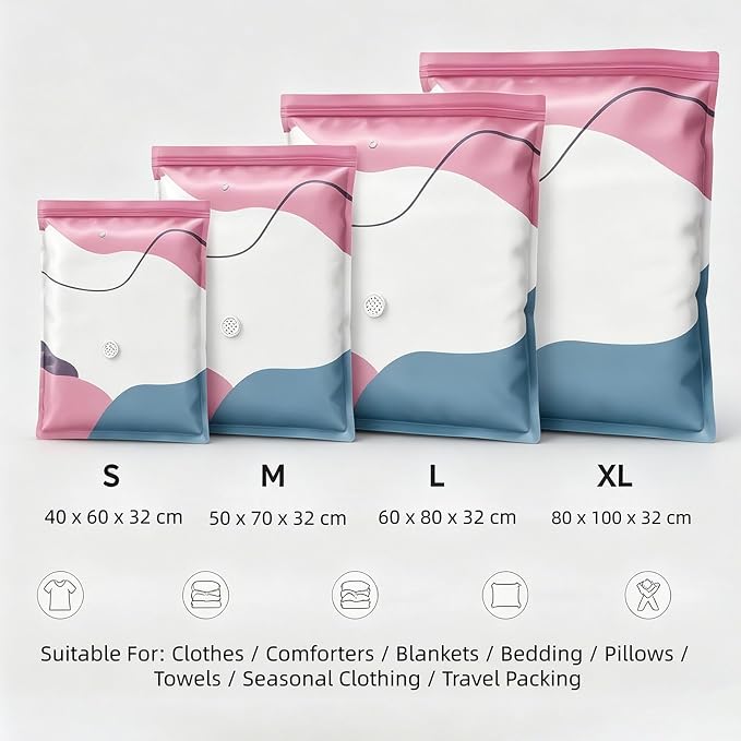 No Pump Vacuum Storage Bags, Large Capacity 3D Compression Storage Bags, Press & Seal Space Saver Bags for Clothes, Comforters, Blankets, Bedding, Travel and Home Organization (L*2+XL*2)
