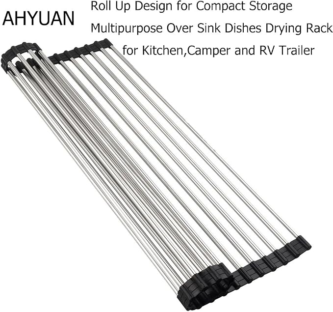Ahyuan Roll up Dish Drying Rack Over The Sink Kitchen Roll up Sink Drying Rack Portable Dish Drainer Foldable Dish Drying Rack (Black, 20.5''X11.2'')