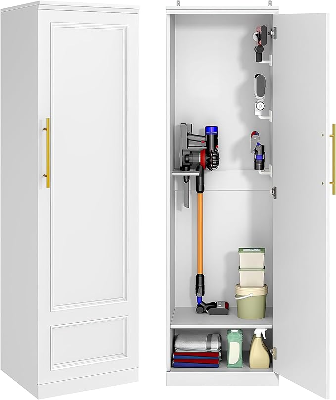 Broom Closet Storage Cabinet, 65" H Slim Utility Closet White | with Door and Shelf, Tall Vacuum Storage Cabinet with Hooks for Cleaning Tool, Broom Closet Organizer for Bathroom, Garage
