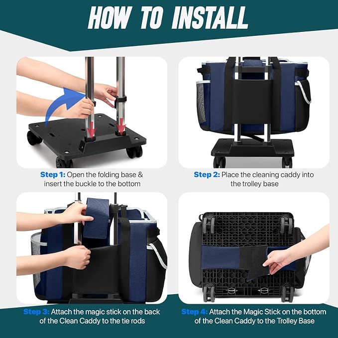 Large Rolling Cleaning Caddy Bag with Detachable Trolley, Full Support Plates for Professional Cleaning Supplies Bag, Organizer Bag with 4 Universal Wheels for Housekeepers, Car Wash (Blue)