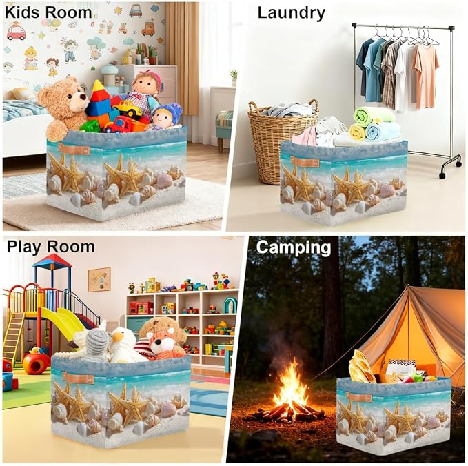 Pardick Storage Baskets Bin, Beach Ocean Starfish Seashells Collapsible Canvas Fabric Storage Bin Decorative Baskets Toy Organizer Rectangle Storage Boxes with handles for Home Shelves Nursery,Q-8