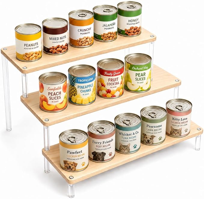 3-Tier Wood and Acrylic Can Organizer for Pantry, Countertop Canned Food Storage Rack, Tiered Display Shelf for Soup, Soda, Pet Food, Kitchen Cabinet