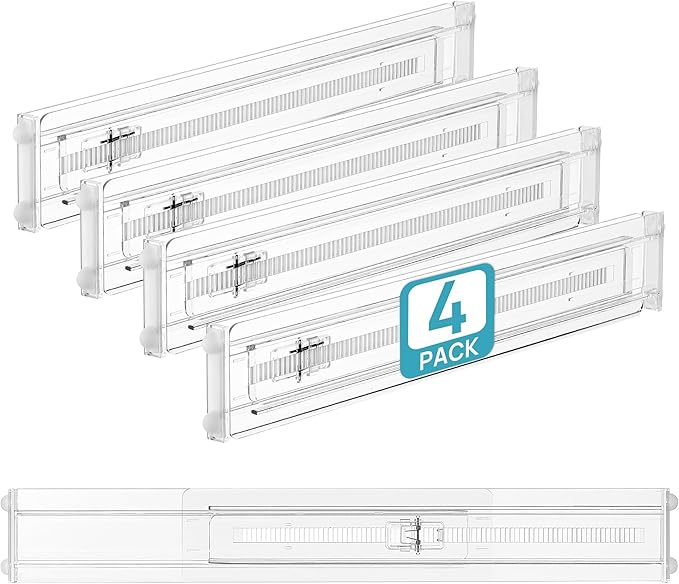 Vtopmart 4 Pack Shallow Drawer Dividers, 2.36" High 12.5"-20.8" Adjustable Expandable Kitchen Drawer Organizer, Clear Plastic Organizer Separators for Flatware, Utensil, Cutlery, Underwear, Clothes | Expandable Kitchen Drawer Organizer, Clear Plastic O...