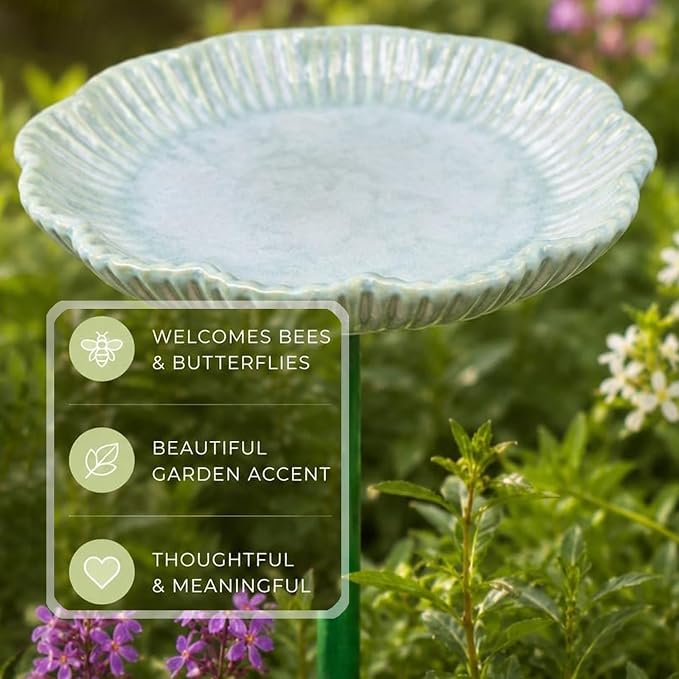 Ceramic Bird Bath Set of 2 with Fluted Bowl Stake, B | Decorative Glazed Water Basin for Patio Garden Balcony Display