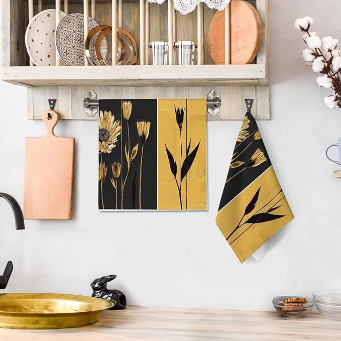 Flower Kitchen Towels Set of 2 Modern Abstract Gray Gold Sunflower Dish Towels Absorbent Soft Hand Tea Bar Towels for Farmhouse Home Decor 16"X24"