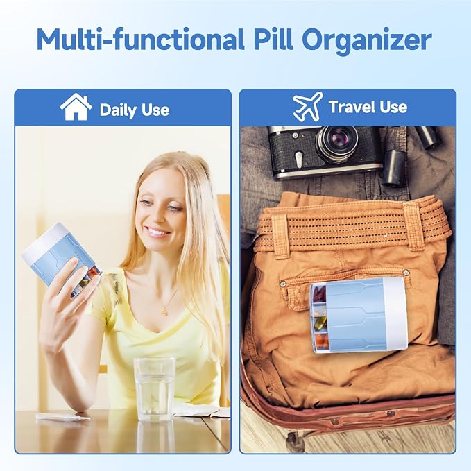 Daviky Pill Bottle Organizer, 7 Large Compartments, Travel Pill Dispenser | Seven large compartments organize daily pills, vitamins and supplements, with dual lids for convenient storage and travel