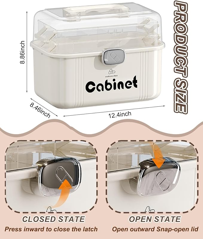 3-Tier Folding Medicine Cabinet Organizer with Handle, Clear Portable Medicine Storage Box for Home, Multifunctional First Aid Caddy with Secure Latches, Large Capacity Medical Supply Organizer