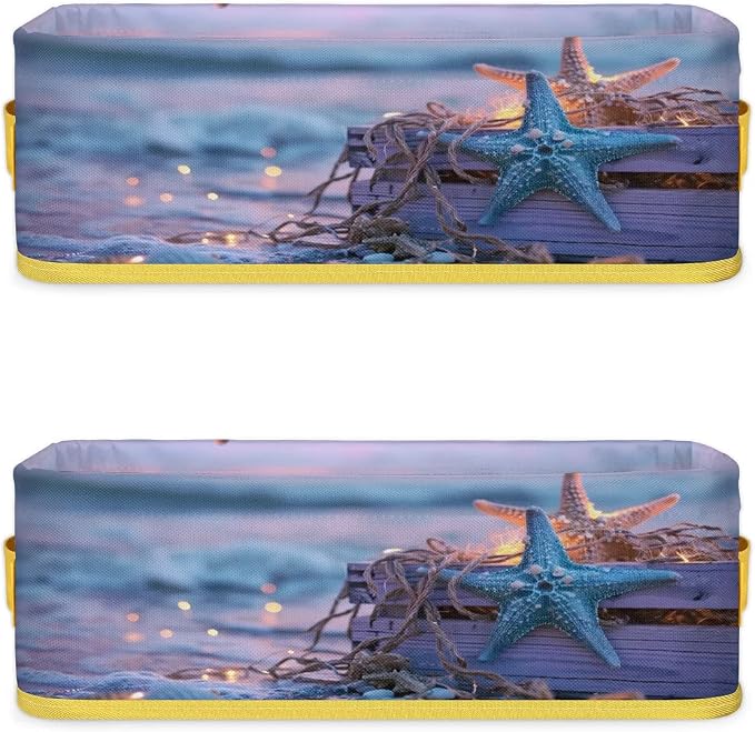 Starfish Beach Lights Bathroom Storage Basket, Foldable with Handle Open Countertop Paper Towel Decorative Box, Toilet Tank Top Shelf Baskets for Home Closet Bedroom Living Room Office