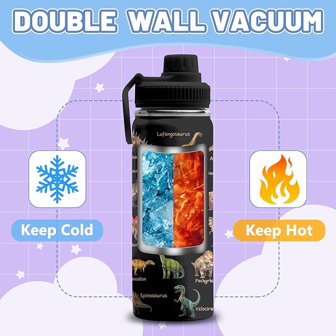 Dinosaur Gifts for Boys, 18 oz Stainless Steel Water Bottles with 2 Lids, Insulated Water Bottle with Straw, Dinosaur Cups for Travel Sports Outdoor, Birthday Christmas Gifts for Boys Dino Lovers
