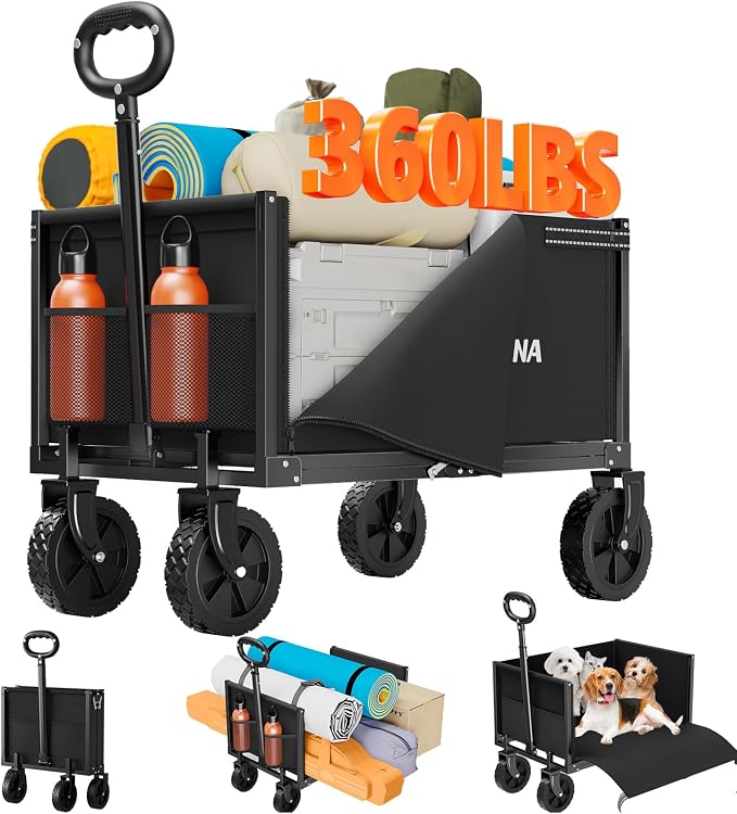 Semoprus 3 in 1 Wagons Carts Foldable,360LBS Beach Cart with Sturdy Wheels | Foldable, Lightweight, Portable, Simple Installation, for Camping Shopping Beach Garden Sports, Black
