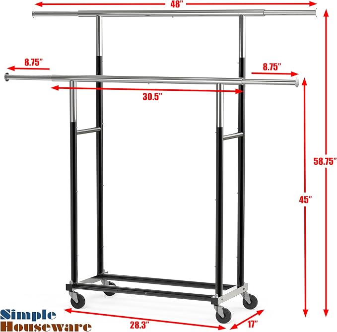 Simple Houseware Standard Double Rods Clothing Garment Hanging Rack, Black | Extendable Width from 30.5 to 48 Inches