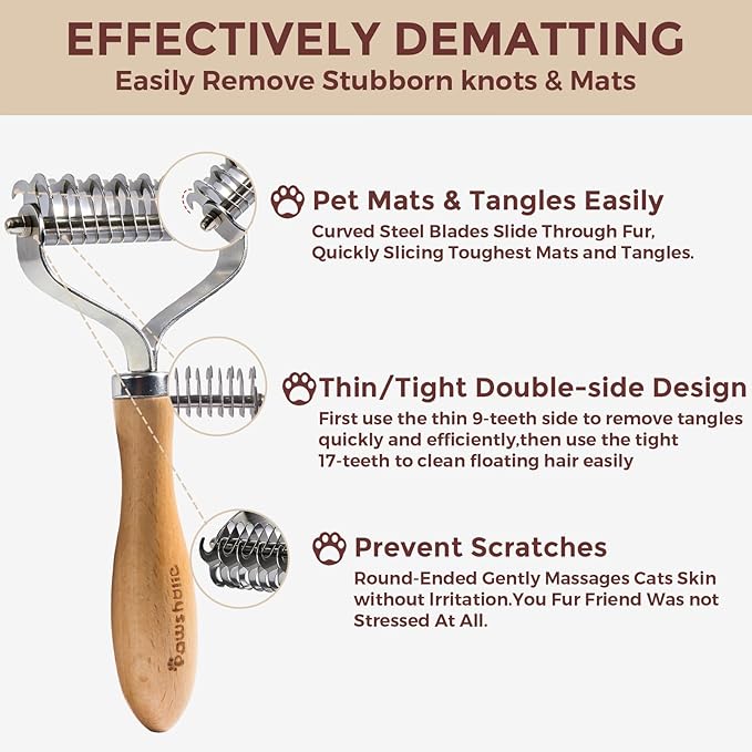 Undercoat Rake for Dogs - Professional Pet Shedding Dematting Comb with Wood Handle, Stainless Steel Blades for Pet Cats Dogs Matted Hair Tangles Removing