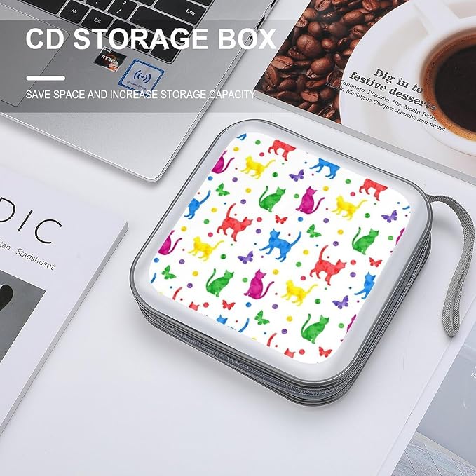 Portable 40-Capacity DVD Storage Binder Colorful Cats, Hard Case CD Holder with Zipper, Organizer for Music Movies Game Discs