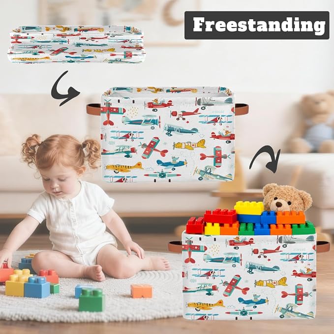 Pardick Storage Baskets Bin, Cute Cartoon Airplane Collapsible Canvas Fabric Storage Bin Decorative Baskets Toy Organizer Rectangle Storage Boxes with handles for Home Shelves Nursery,1Pack,C-05