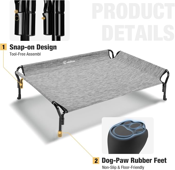 Veehoo Cooling Elevated Dog Bed, Raised Dog Cot with Guardrail & Headrest | Washable Dog Couch Bed for Indoor & Outdoor, Durable Breathable Teslin Mesh, Non-Slip Feet, Medium, 39.5" x 28", Black Silver