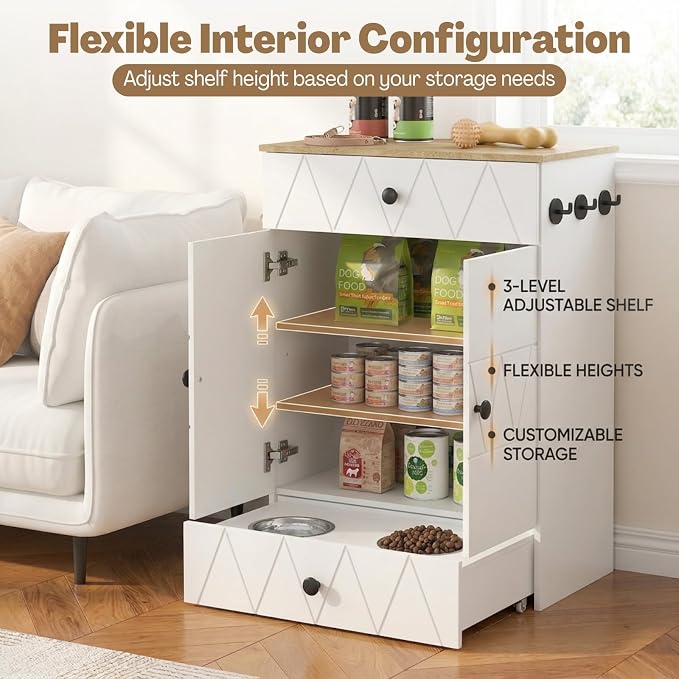 Dog Feeding Station with Storage Cabinet, Hidden Pull-Out Elevated Dog Bowls, Stainless Steel Feeding Drawer, Adjustable Shelves & Hooks, Modern Pet Food Storage Organizer for Dogs (White)