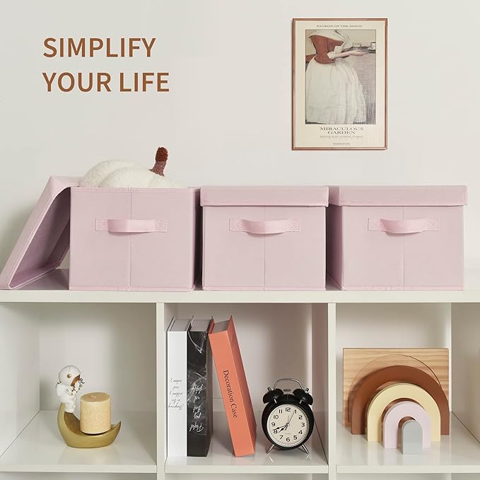 GRANNY SAYS Storage Bins with Lids, Decorative Storage Boxes with Lids | Storage Box with Dust Cover, Handles & Lable, Collapsible, Ideal for Closet Clothes Blanket Toys, Medium, Pink, 3-Pack