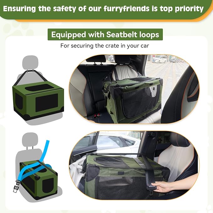 24" Small Dog Crate,Portable Crate for Small Dogs, Portable Travel Pet Crates,Soft Dog Crate Collapsible Dogs Crate,with 4 Mesh Doors, Foldable Car Kennel for Puppy with Handle for Outdoor - Green