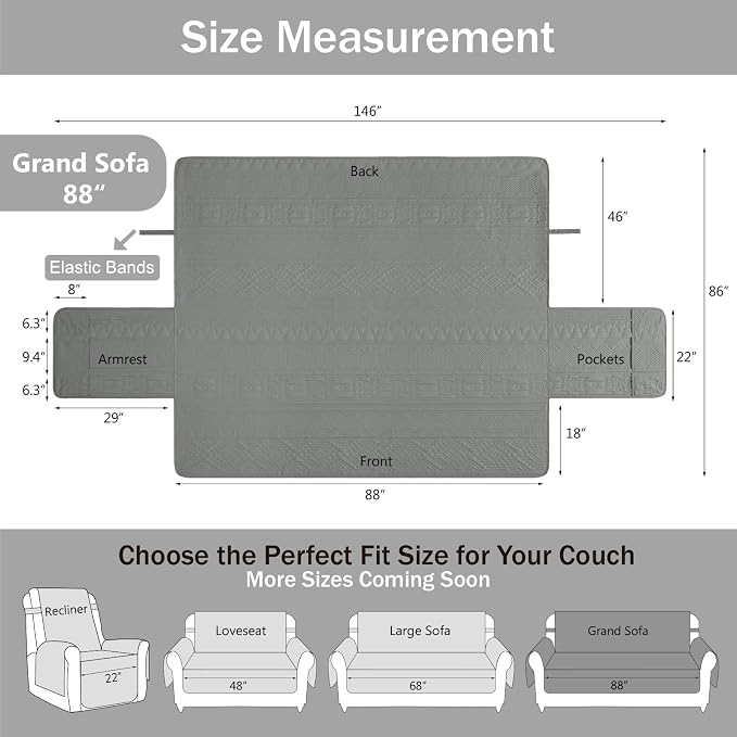 Boho Quilted Grand Sofa Covers Washable, Couch Cover for Grand Sofa, Soft Cozy Couch Protector for 4 Cushion Couch, Oversized Grand Sofa Slipcovers Water-Repellent (Grand Sofa 88", Gray)