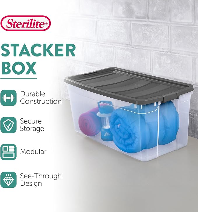 Sterilite Modular Stacker Box with Latching Lid, 200 Quart, 3-Pack | Clear Plastic Storage Bins - Stackable Organizing Container Boxes for Closet, Bathroom, and Office