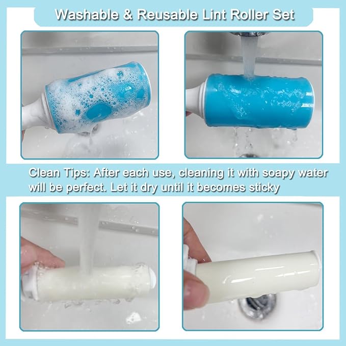 Reusable Washable Lint Roller 3 Pack, Sticky Gel Lint Rollers, Cat Dog Pet Hair Lint Remver Cleaner for Clothes, Carpet, Travel, 1 Large Roller with Dust Cover and 2 Mini Portable Small Lint Brush