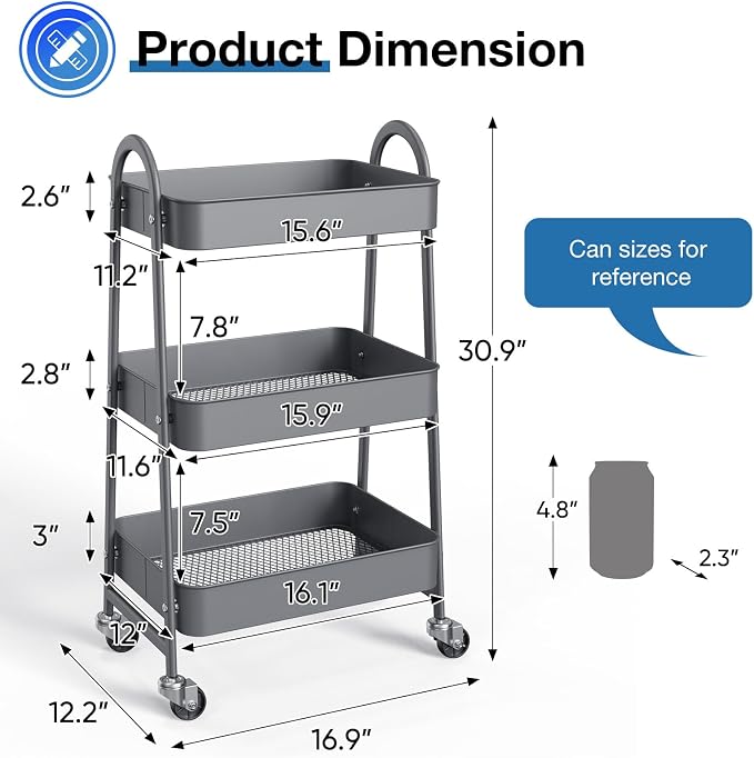 OLIXIS Metal Rolling Storage Utility Cart with Lockable Wheels 3 Tiers | Mobile Organizer Shelf, Space-Saving, Freestanding, Bathroom, Living Room, Slim, Narrow Corner Spaces, Gray