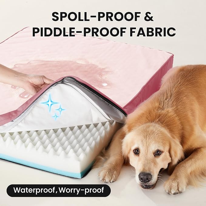 OhGeni Orthopedic Waterproof Large Dog Bed, Memory Foam, 44 inch(Pink) | Machine-Washable Removable Cover in Easy-Clean Fabric, Reversible Memory Foam & Easy-Carry Handle, Wider and Larger