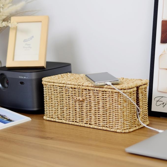 Cable Management Box, Cord Organizer with Lid & Cable Ties - Natural Small | Handmade Open Slots Cord Hider Outlet Covers for Power Strip TV PC Router Charger Under Desk Storage
