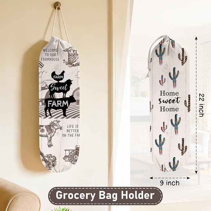 2Pcs Farmhouse Plastic Bag Holder for Kitchen Essentials, Reusable Hanging Grocery Bag Organizer, Washable Large Grocery Trash Bags Storage Dispenser, Farmhouse Home Decor