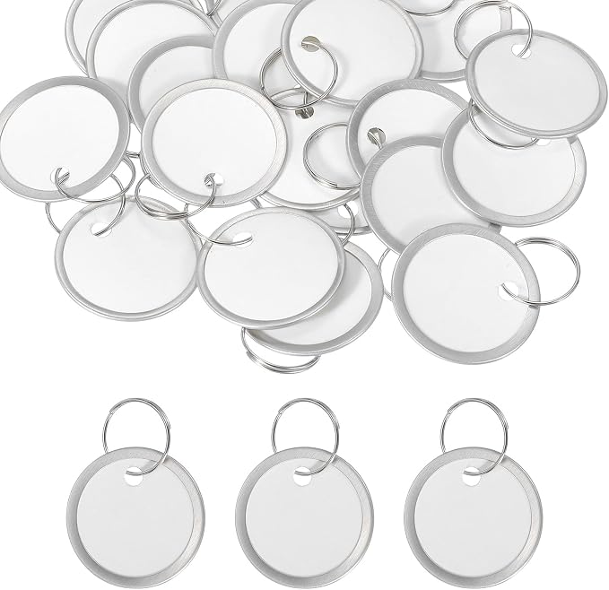 PATIKIL 1.2 Inch Metal Rim Key Tags 25 Pack Blank Round Paper Tags Bulk Writable Keychain Identifiers with Split Rings for Car Door Drawer Key Luggage Pet, White