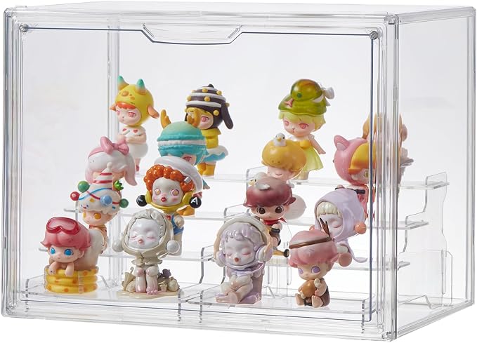 4 Tiers Clear Display Case, Plastic Storage Bins with 2 Display Risers and Magnetic Door,Stackable Display Box for Figures Showcase (XLarge -4 Tier-1 Pack)