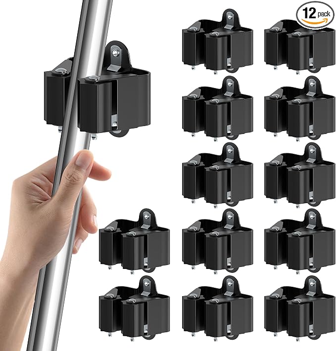 3-H Broom Holder Wall Mount 12 Pack, Heavy Duty Stainless Steel Mop and Broom Organizer Clips, Strong Grip Wall Mount Holders for Garage, Garden, Laundry Room & Utility Closet, Black