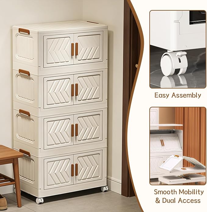 ETOYA 4-Tier Stackable Storage Bins with Lids, 23QT Stackable Closet Organizers and Storage with Wheels and Magnetic Doors, Foldable Plastic Storage Containers for Seasonal Clothes, Toys, Tools