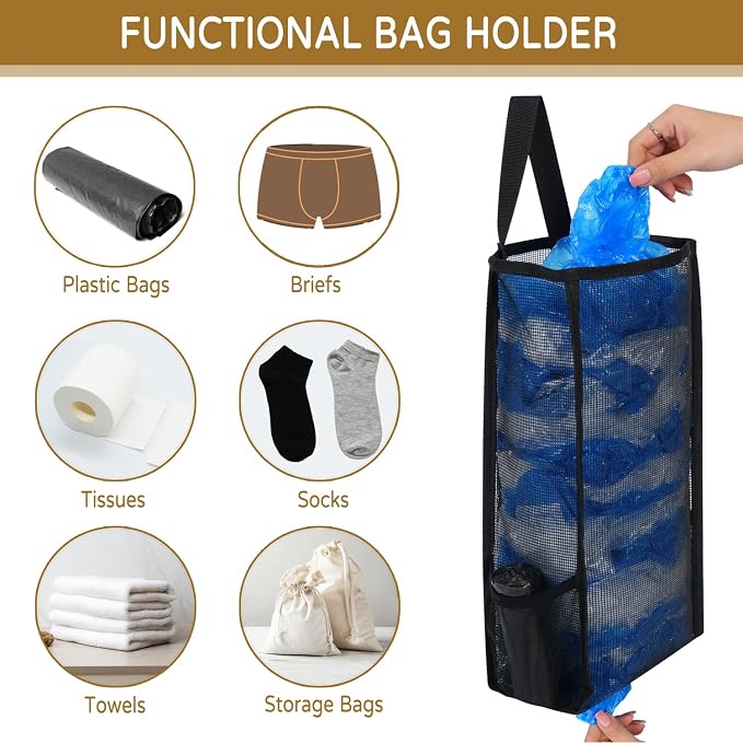 Plastic Bag Holder, Large Capacity Grocery Bag Holder, Breathable Mesh Plastic Bag Holders for Grocery Bags Storage, Lightweight Trash Bag Holder Dispenser Organizer, Black