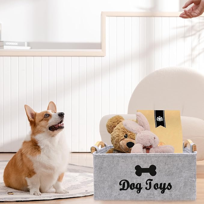 Puppy Toy Storage Box, Grey Puppy Toy Box Storage Basket, 15 x 11 x 7 inch Large Dog Toy Basket for Organizing Pet Toys, Blankets, Leashes