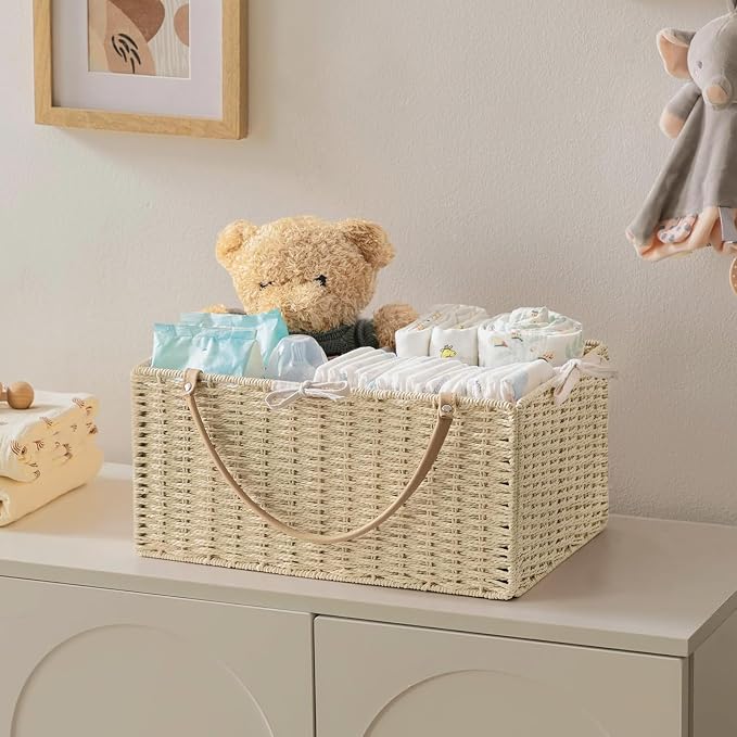 HBlife Baby Diaper Caddy Organizer, Paper Rope Storage Baskets Nursery Bin with Removable Divider, Portable Car Organizer for Diapers, Baby Shower Gifts, Newborn Essentials Must Haves