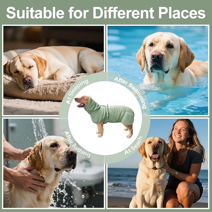Medium to Large Size Dog Bathrobe, Quick Drying Super Absorbent Microfiber, Warm Dog Towels, Adjustable Hoodies and Belts for Dog Bath Products (Green Jacquard, L-Fit for 6 to 12 Pounds)