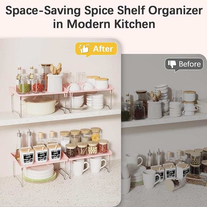 STARLATTA 2 Pcs Cabinet Organizer Shelf，Stackable Kitchen Counter Shelves, Spice Rack,Countertop Organizers，Pink Plastic Storage Shelves Rack for Makeup，Bathroom, Cupboard，Desk，Pantry Organization