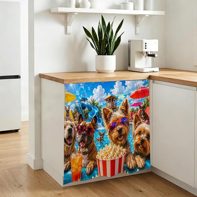 Summer Dog Cabinet Dishwasher Hidden Curtains, Privacy Closet Door Curtain, Summer Fantasy Pets Juice Popcorn Pool Country Adhesive Dust Proof Under Sink Skirt for Bathroom Kitchen 35"x35"