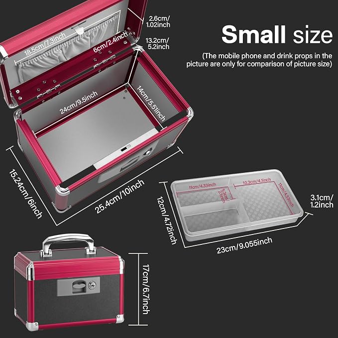 Small Medication Lock Box with Key (10"x6"x6.7") - Childproof Aluminum Medicine Storage Safe for Prescriptions & First Aid - Secure Portable Pill Organizer for Travel, Home (Black & Red)
