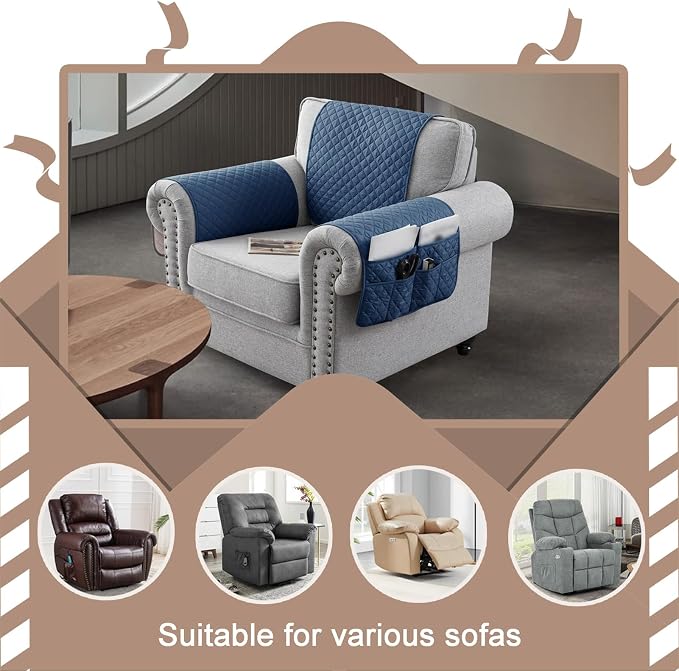 Water-Resistant Sofa Armrest and Headrest Covers with Side Pocket | Keep remotes close quilted polyester helps guard against wear, pet scratches, and kids' messes silicone backing adds grip