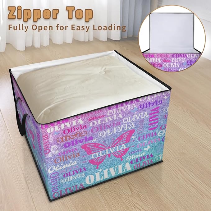 Custom Name Comforter Storage Bin with Lid, Personalized XL Butterfly Storage Basket with Handles Zippers Organizing Blankets, Bedding Closet Shelf Baskets, Pink Blue Glittery Sequins