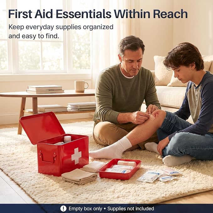 Flexzion Large Metal First Aid Box Empty, 13-Inch, Red with White Cross | Vintage Medicine Box and First Aid Storage Organizer with Removable Tray and Dividers; Empty Box Only, Supplies Not Included