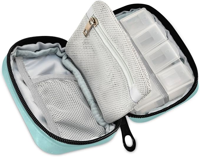 Naanle Medical Pills Pill Box 7 Day Case Bag Travel Organizer with Zipper Portable Weekly Compact Size for Vitamin Supplement Holder A Cartoon Blue White 4.6 x 3.14 x 1.88 Inch, 1.0 Count