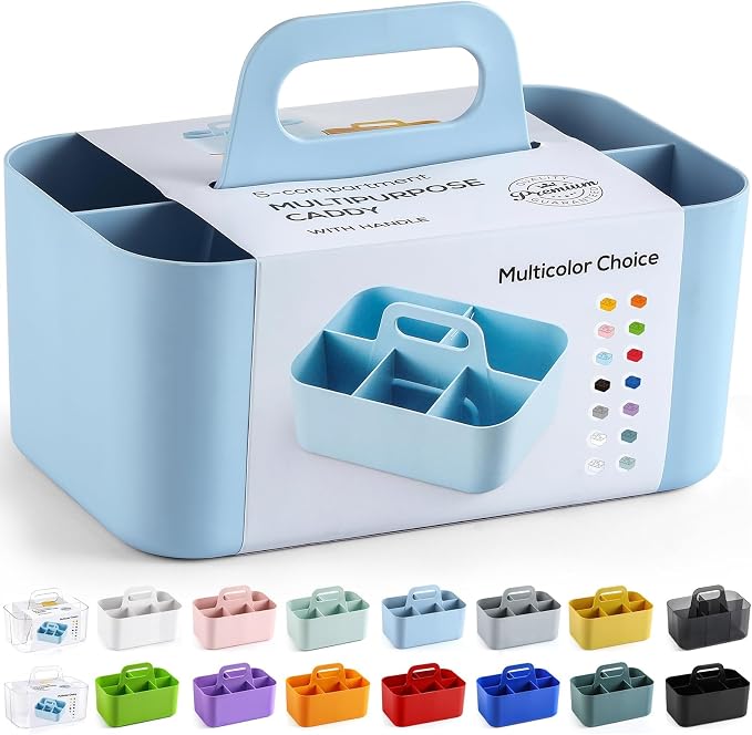 Multiuse Caddy Organizer with Handle, Portable Divided Plastic Tote Bin - Art Craft, Stationary Pen Marker Crayons, Makeup Hair Supplies Storage - Bathroom, Classroom, Dorm, Office, Desk Holder - Blue